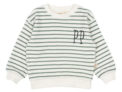 Råhvid sweatshirt i frotté med grønne striber og blåt logo broderi fra Petit Piao PP731 off white green 